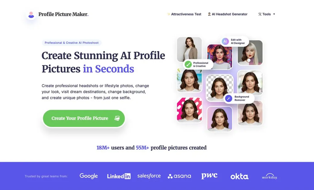 PFPMaker landing page: create AI profile pictures in seconds, 18M+ users